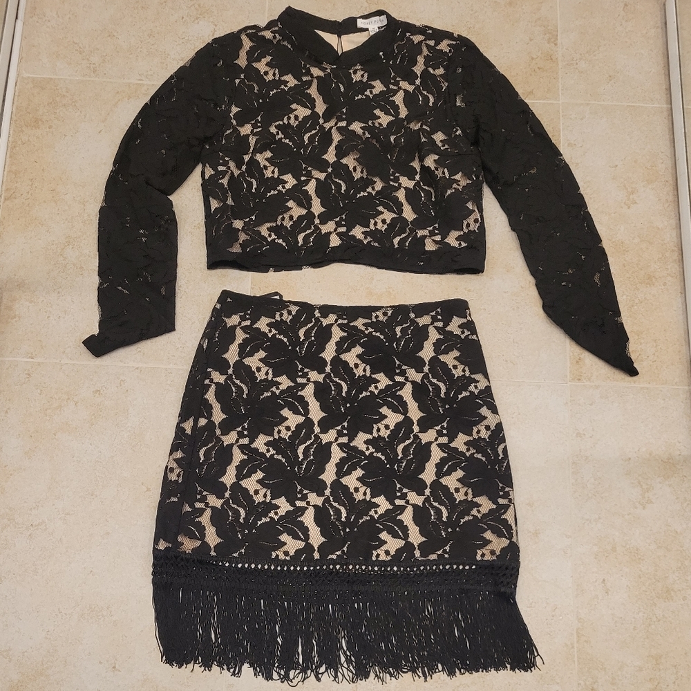 Lace Crop Top and Fringed Skirt Set